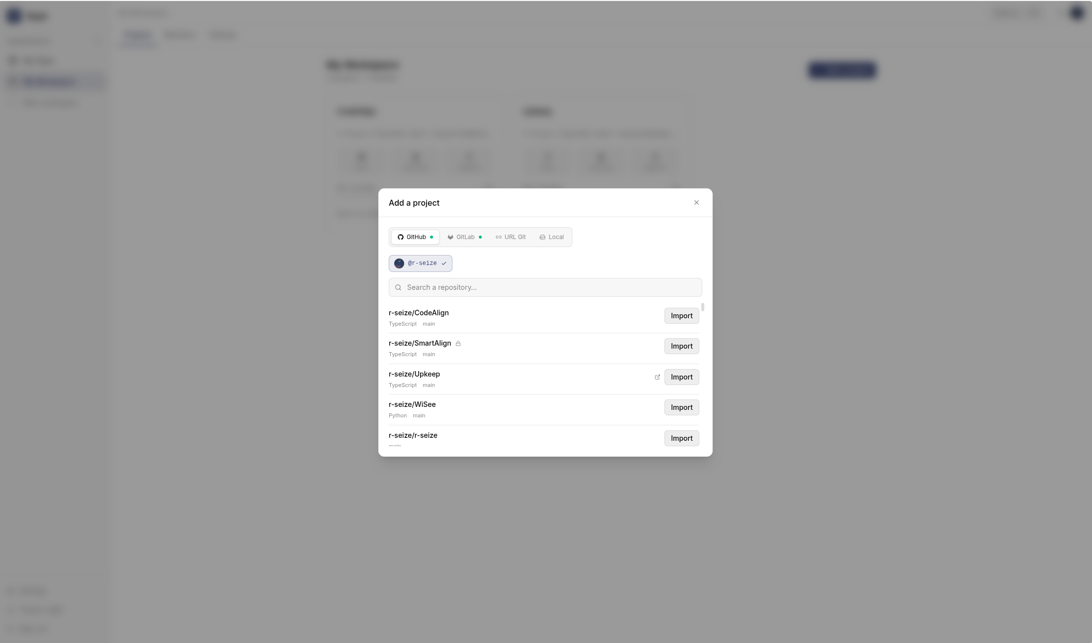 Glyph Project import dialog interface